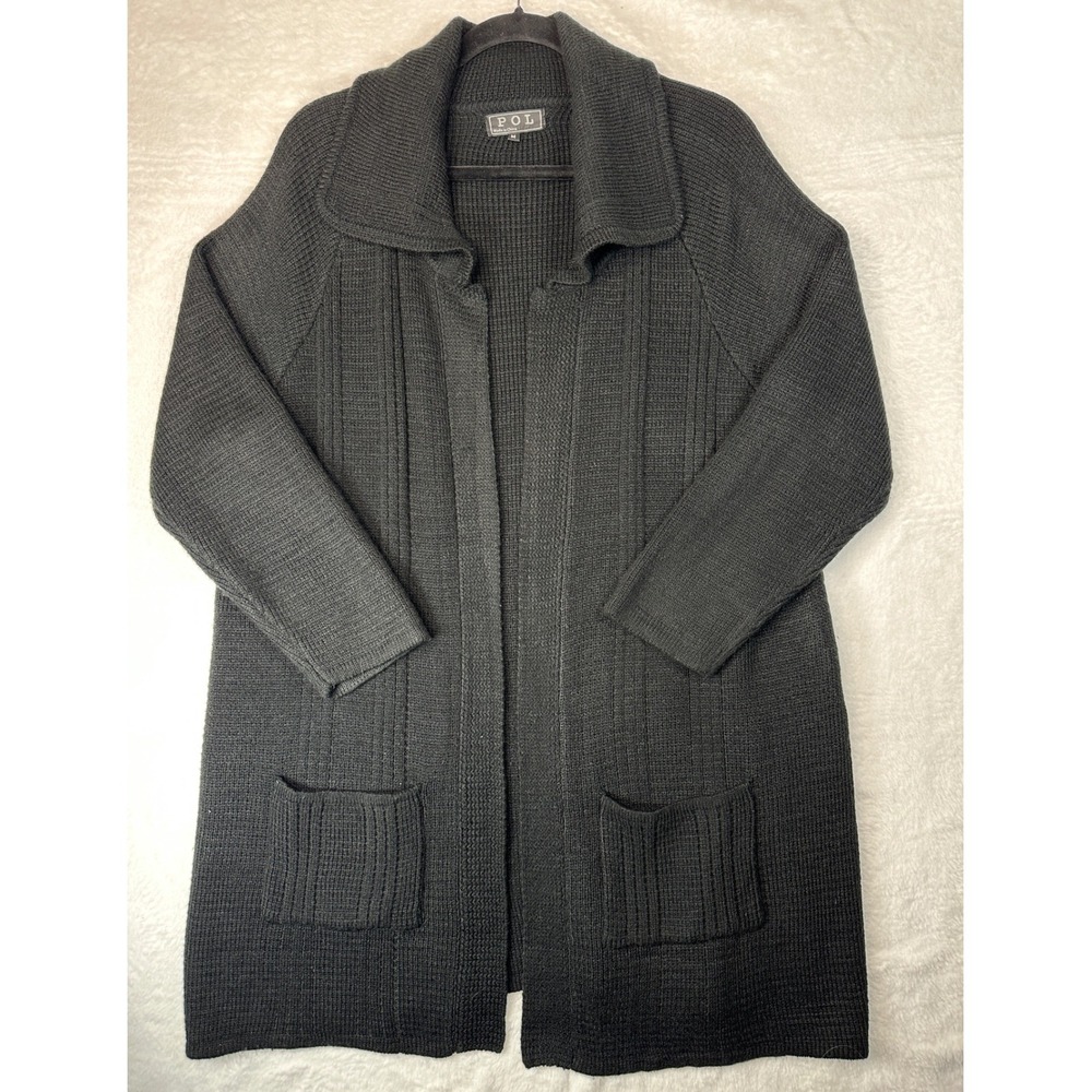 POL Open Front Cardigan Women Medium Black Ribbed Knit Pocket Sweater